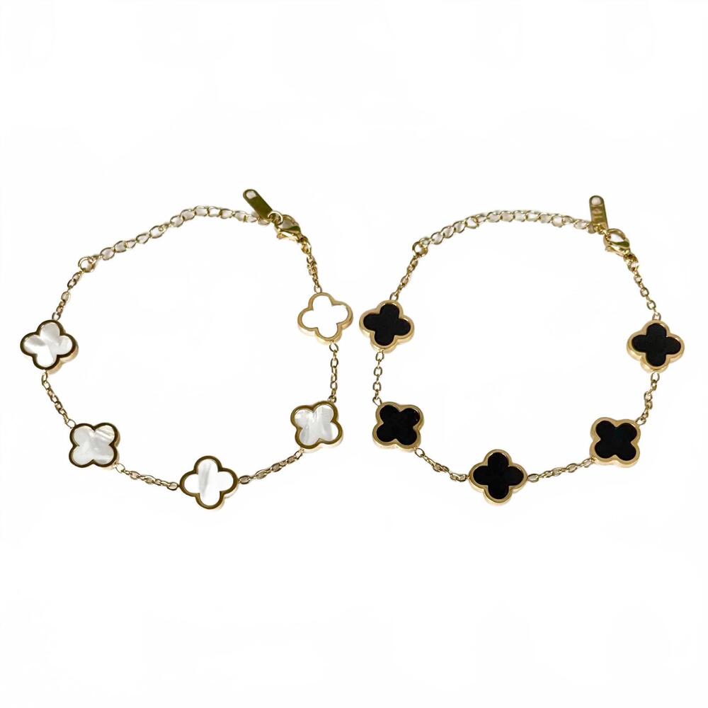 Set of 2 Gold K18 Clover Bracelets Black Onyx & Mother of Pearl Alhambra Style